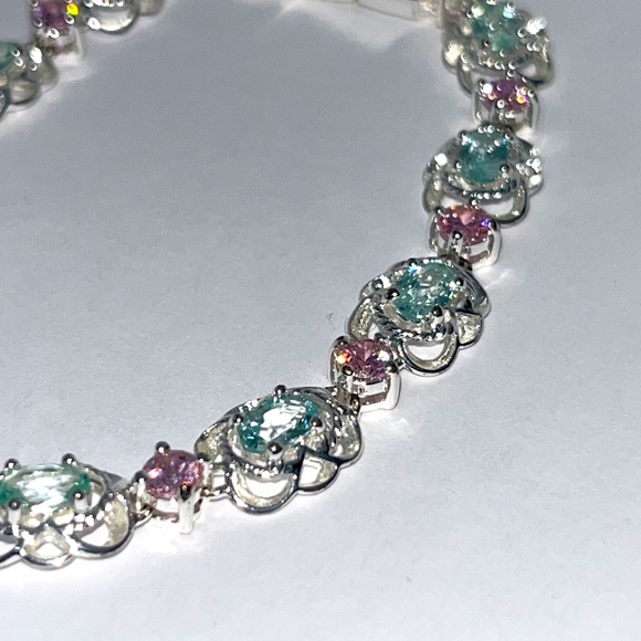 New! Sterling Silver & Blue & Pink Gemstone Bracelet - Picture 2 of 5